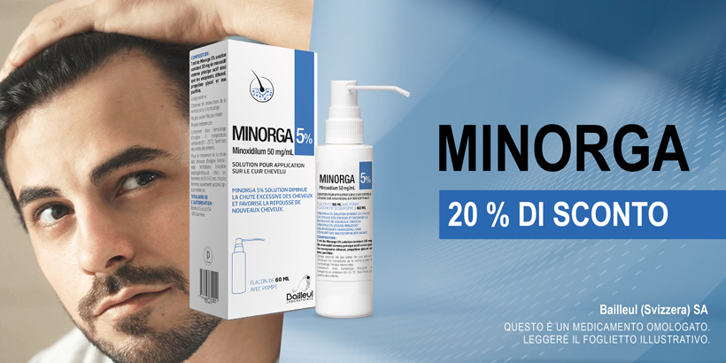 Minorga 5 % soluzione è un prodotto per la crescita dei capelli che contiene il principio attivo minoxidil. Per uomini.