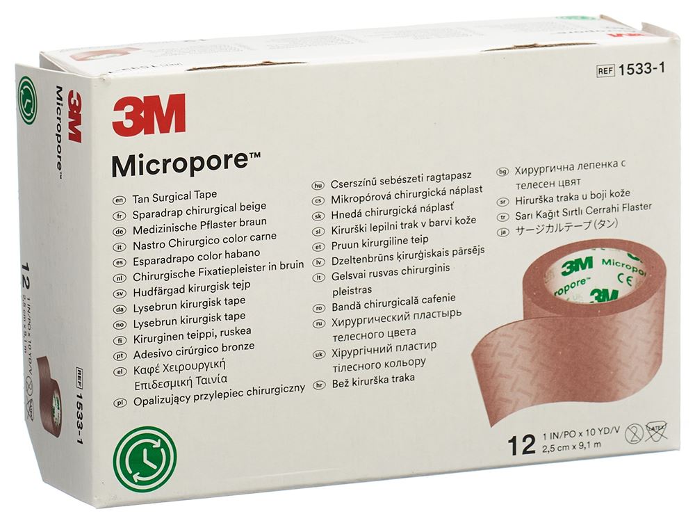 Image of 3M Micropore Rollenpflaster ohne Dispenser 25mmx9.14m hautfarbig 12 Stk