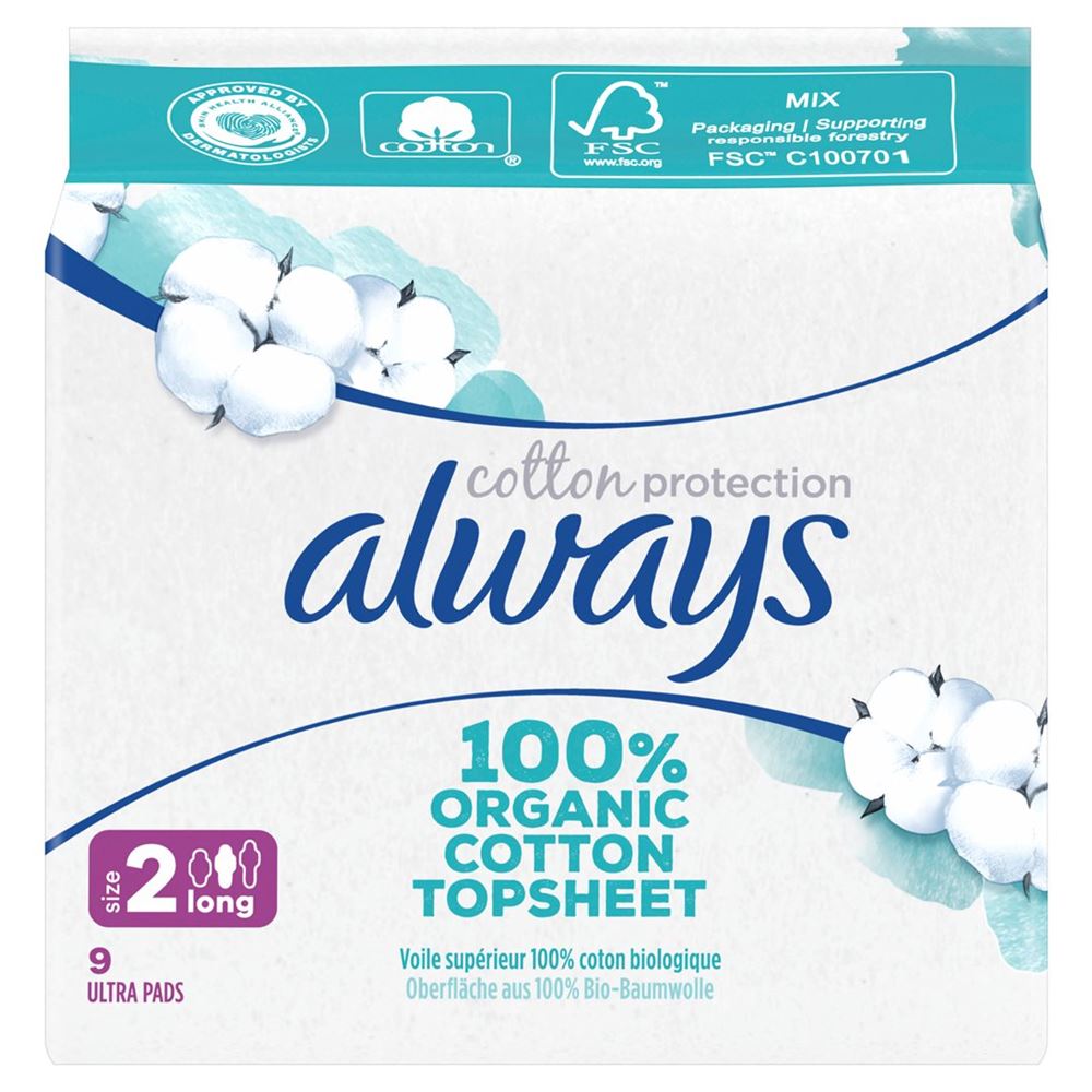 always Ultra Binde Cotton Protection Gr2 Long mit Flügeln Magic Paper 9 Stk