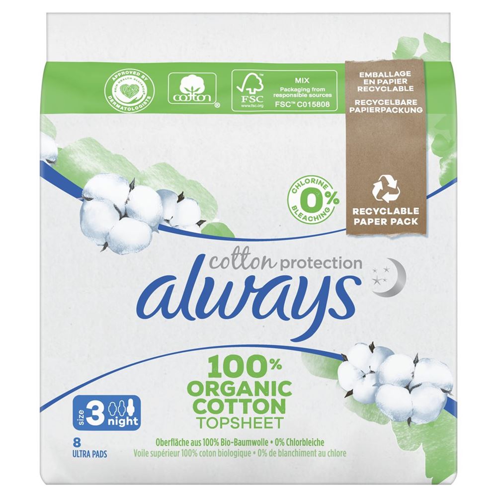 Image of always Ultra Binde Cotton Protection Night mit Flügeln Magic Paper 8 Stk