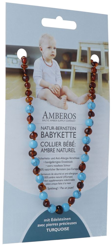 Amberos collier ambre naturel avec pierres précieuses baroque cognac turquoise