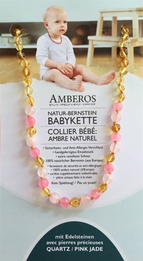 Amberos collier ambre naturel avec pierres précieuses baroque lemon quartz pink jade