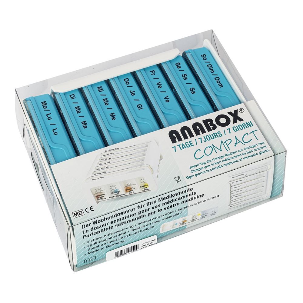 Anabox portapillole compatto 7 giorni blu 4 scomparti tedesco/francese/italiano