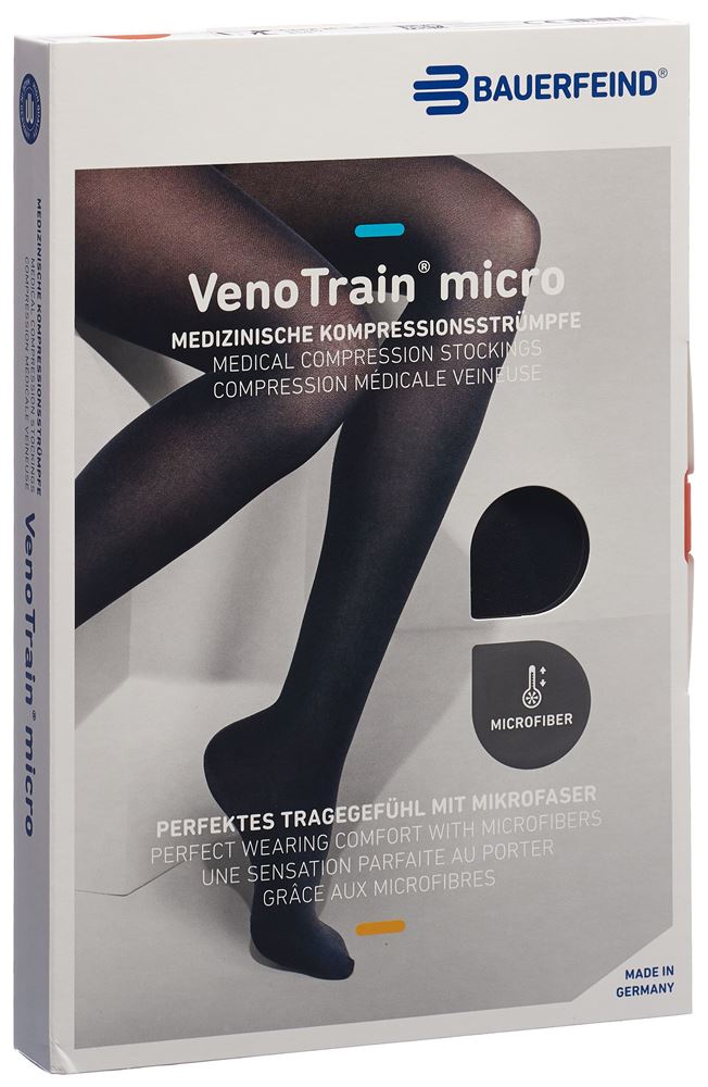 Bauerfeind VenoTrain Micro Kkl2 AG L plus/long geschlossene Fussspitze Mikronoppenhaftband schwarz 1 Paar