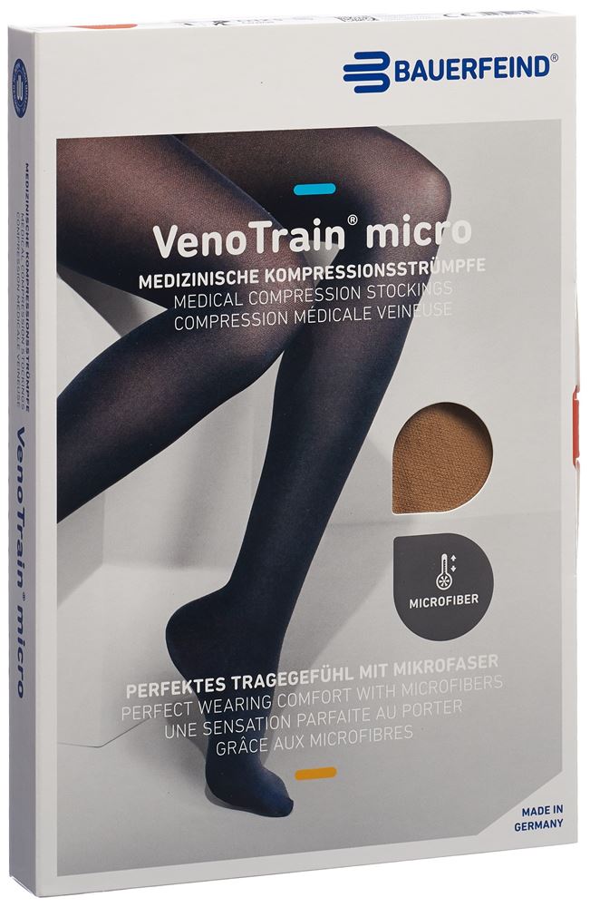 Image of Bauerfeind VenoTrain Micro Kkl2 AG S plus/long offene Fussspitze Mikronoppenhaftband caramel 1 Paar