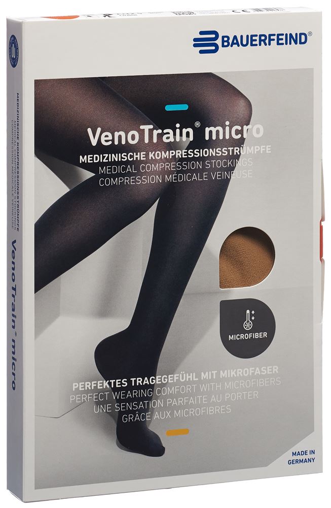 Bauerfeind VenoTrain Micro Kkl2 AG XL plus/short offene Fussspitze Mikronoppenhaftband caramel 1 Paar