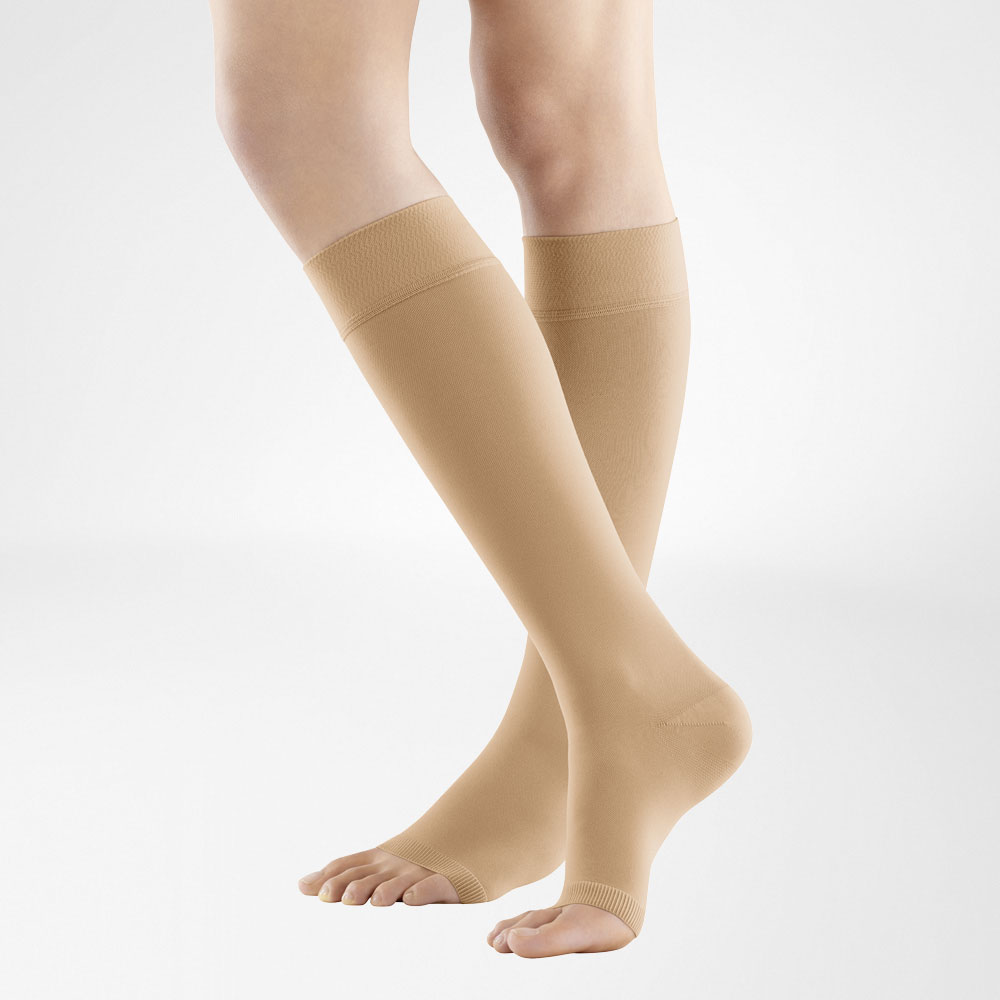 Bauerfeind VenoTrain Soft S Kkl2 AD L normal/long offene Fusspitze Spezialferse Noppenhaftband 3cm caramel 1 Paar