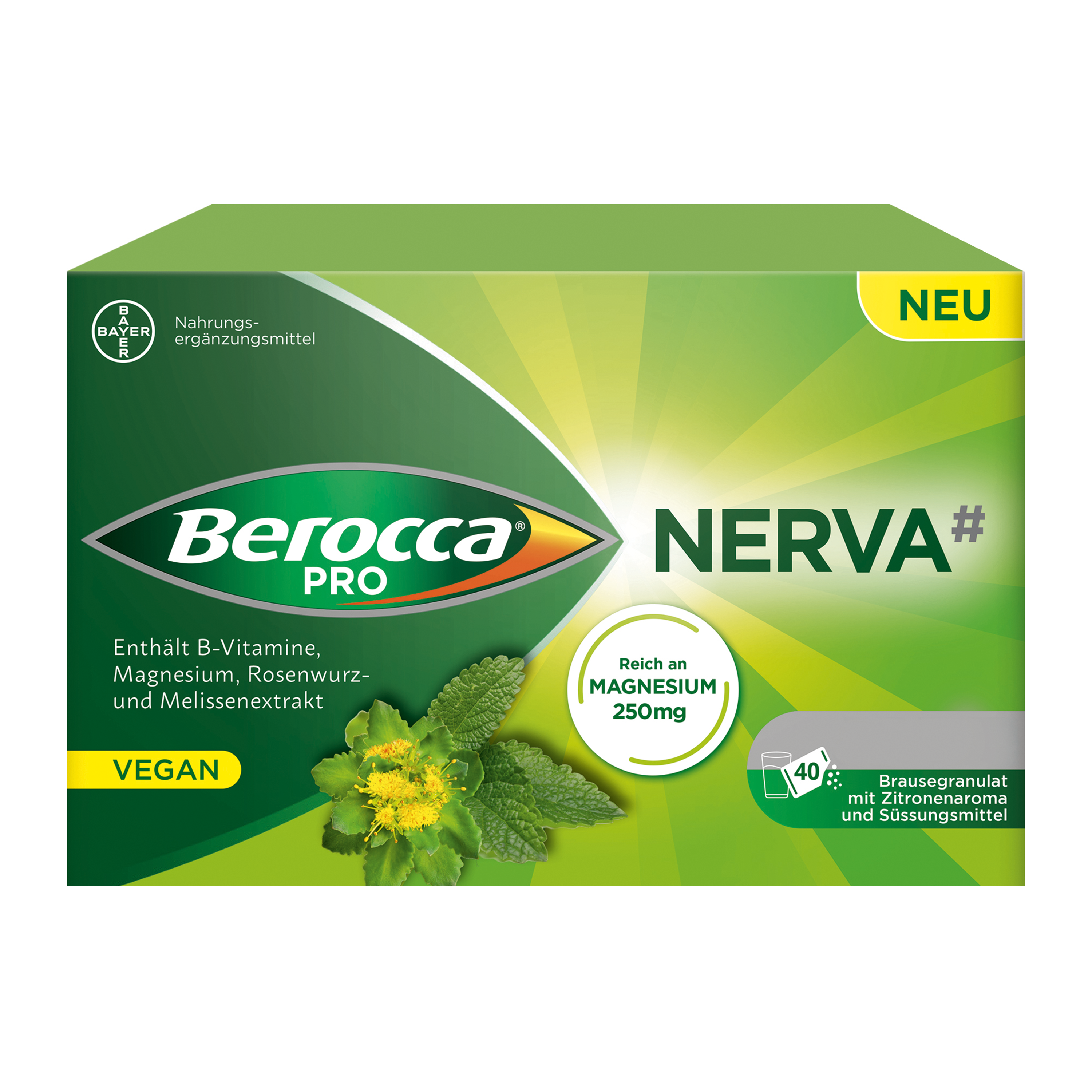 Berocca Pro Nerva Brausegran Btl 40 Stk | Nahrungsergänzung | Vitamine & Prävention | Vitamin B6 & B12, Magnesium, Rosenwurz- & Melissenextrakt