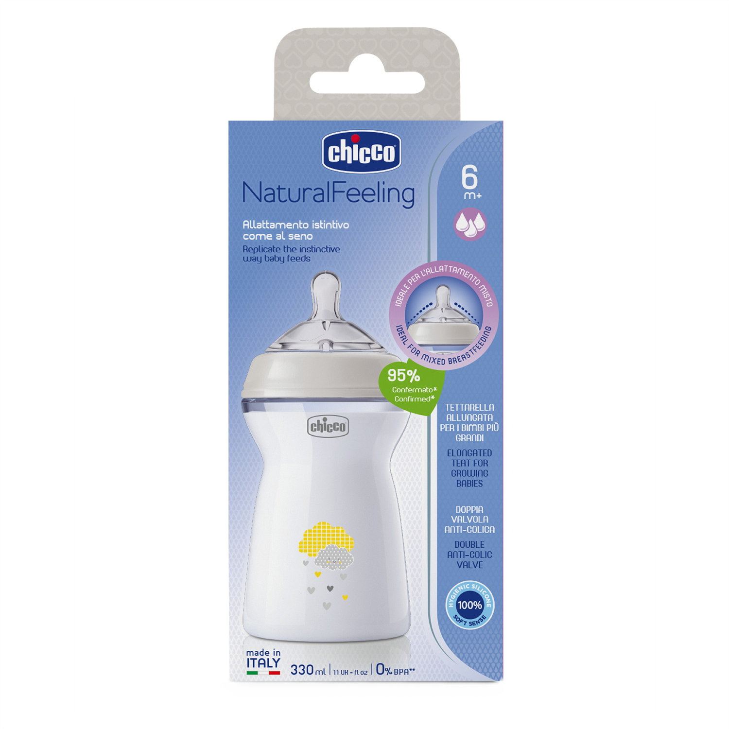 Chicco Babyfläschchen Natural Feeling PP 330ml Sauger Silikon schneller Fluss UNI 6m+