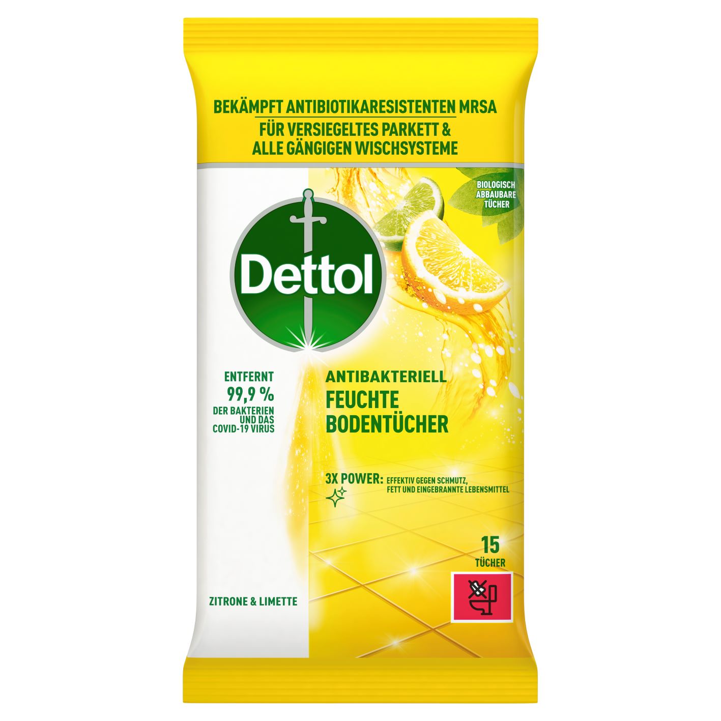Image of Dettol Bodenreinigungstücher feucht Zitrone & Limette 15 Stk