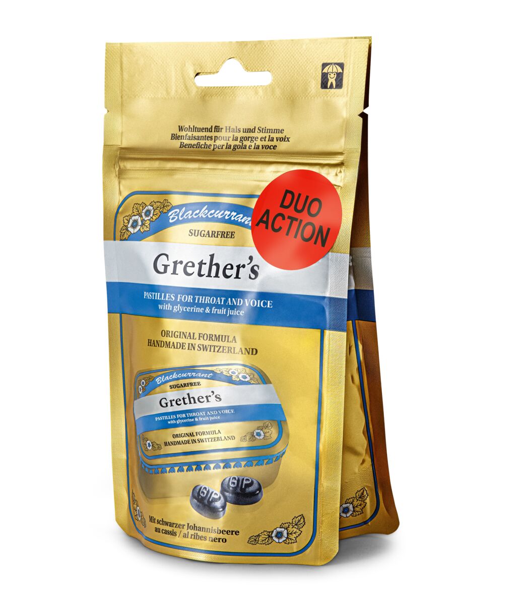 Grethers Blackcurrant Pastillen ohne Zucker DUO 2 Btl 110 g