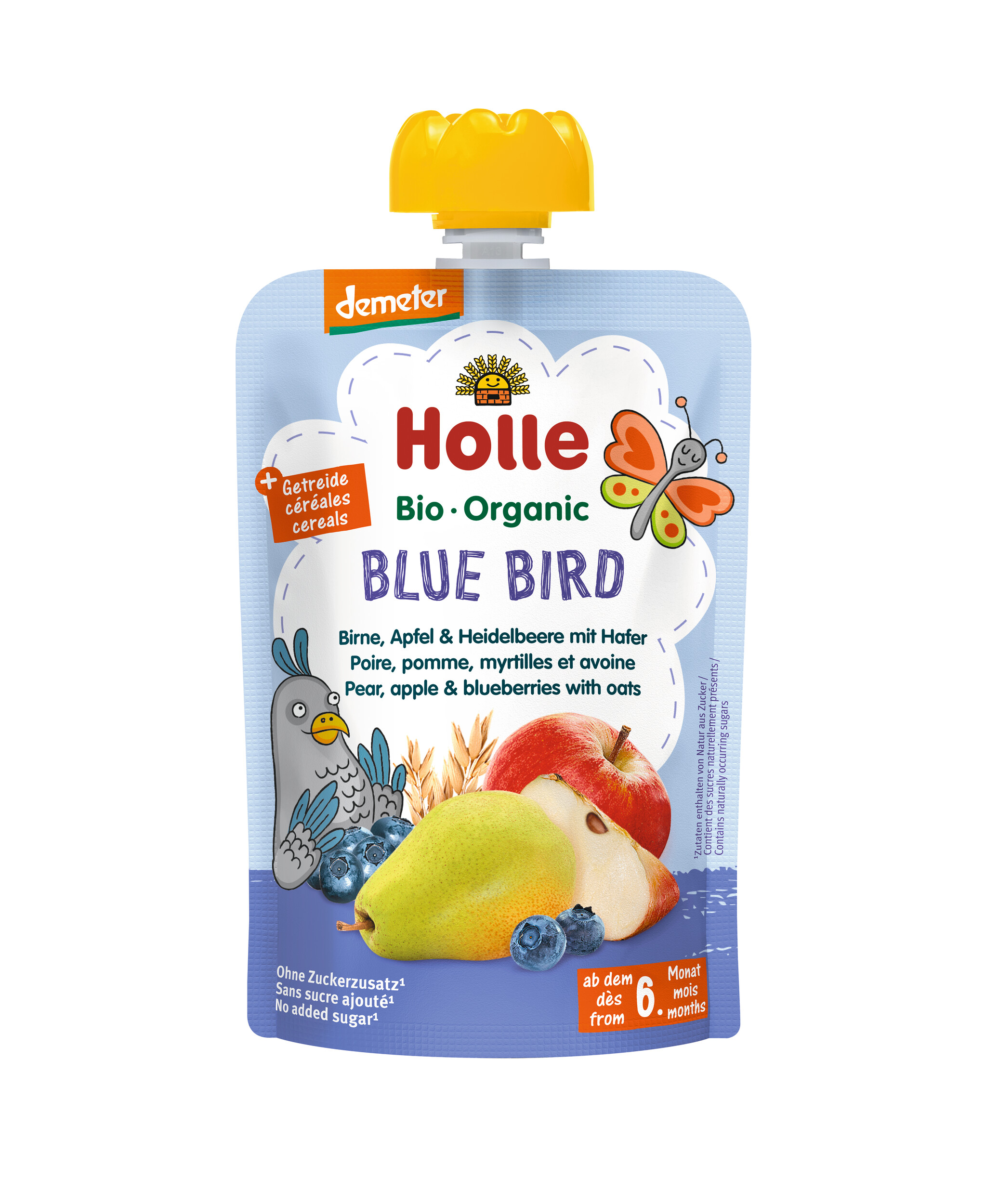 Holle Blue Bird Gourde Poire, Pomme, Myrtilles et avoine bio