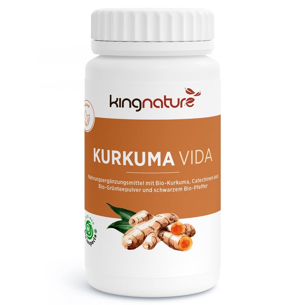 Kingnature Kurkuma Vida (Bio) Kapseln 72 Stück | Nahrungsergänzung | Bio Kurkuma | Grünteematchapulver | Catechine