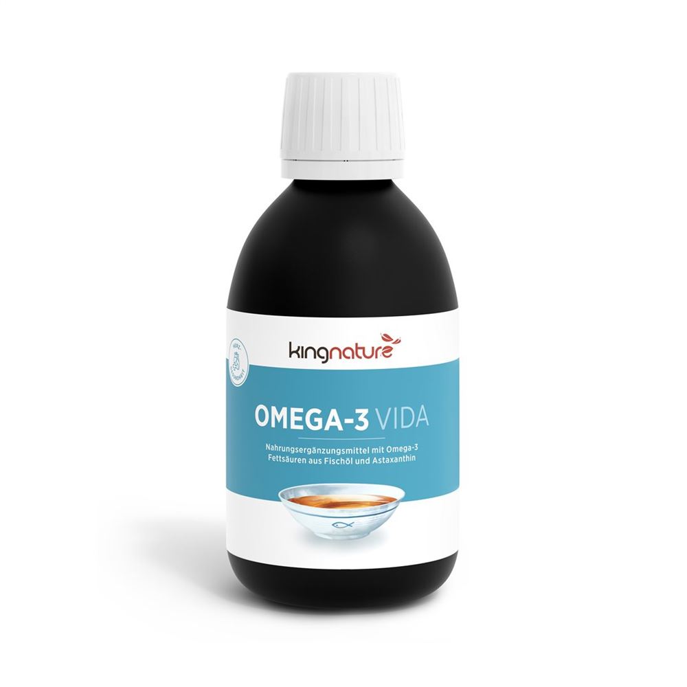 Kingnature Omega-3 Vida liquid Flasche 250 ml | Nahrungsergänzung | Fischöl | Dorschleber Öl | Zitronenaroma | Astaxanthin