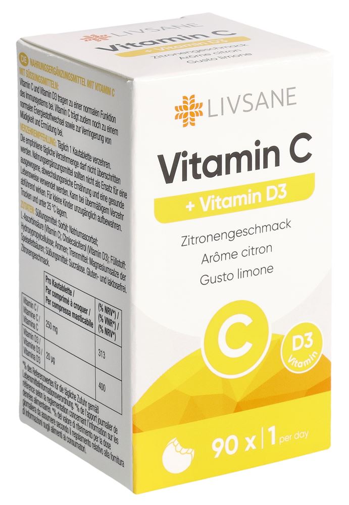 Livsane vitamine C + D3 comprimés à croquer bte 90 pce