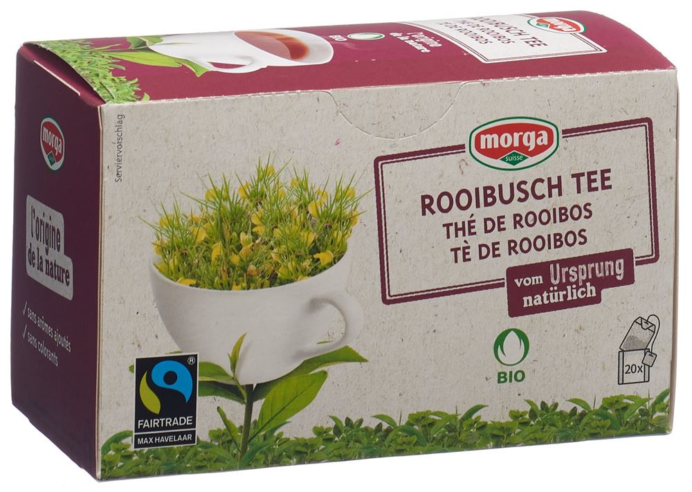 morga thé de rooibos avec pelliante bio fairtrade bourgeon sach 20 pce