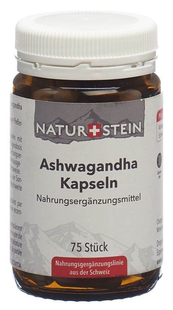 Naturstein Ashwagandha Kapseln Glasflasche 75 Stück | Nahrungsergänzungsmittel | Ashwagandhapulver | Vegan