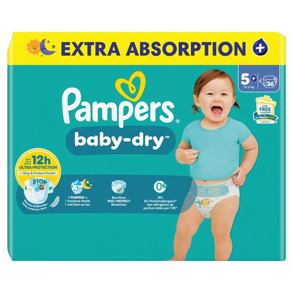 Image of Pampers Baby Dry Gr5+ 12-17kg Junior Plus Sparpack 36 Stk