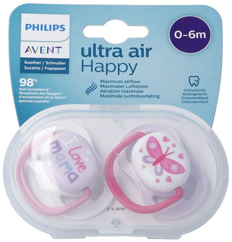 Philips Avent sucettes ultra air collection happy 0-6m fille maman/papillon 2 pce
