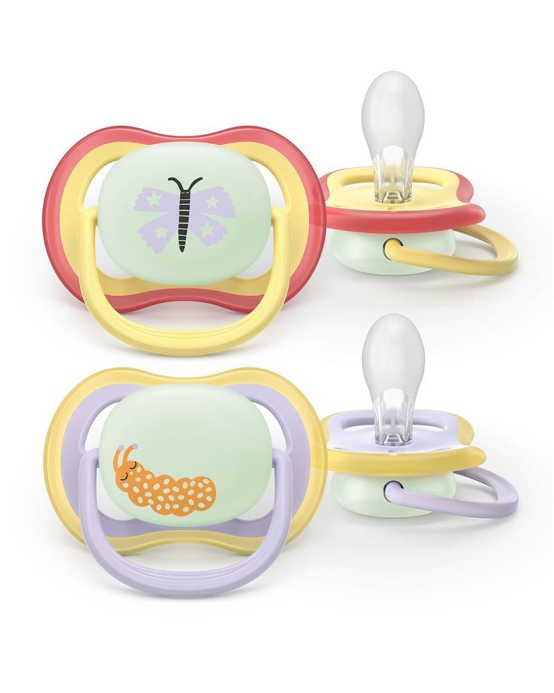 Philips Avent Schnuller Ultra Air Night 0-6 Monate gelb + Schmetterling/lila + Raupe 2 Stk