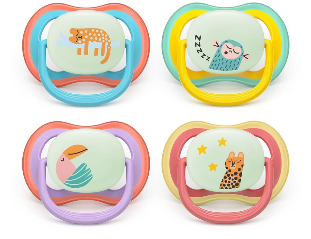 Philips Avent Schnuller Ultra Air Night 18+ Monate blau + Tiger/gelb + Affe/lila + Vogel/rot + Leopard 2 Stk
