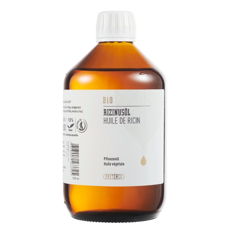 Phytomed Rizinusöl Bio Flasche 500 ml | kaltgepresstes Rizinusöl | für Haar-, Lippen-, Nagel- und Wimpernpflege | ideal für trockene, schuppige Ha