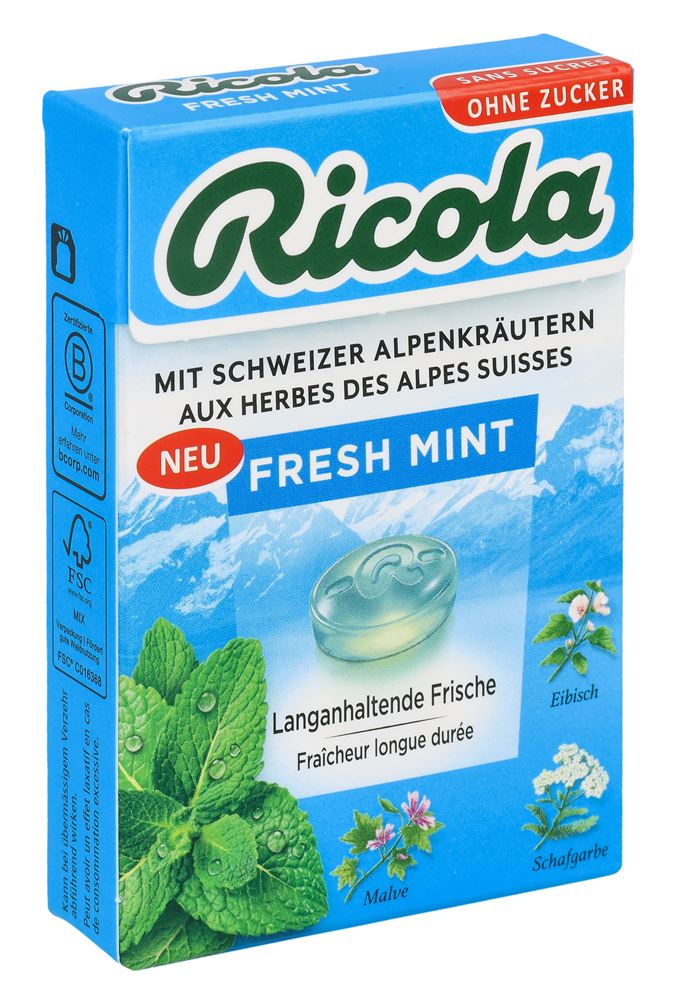 Ricola Kräuterbonbons Fresh Mint ohne Zucker mit Stevia Box 50 g
