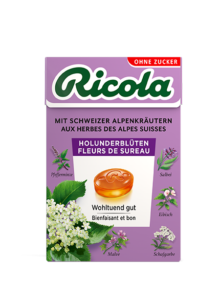 Image of Ricola Kräuterbonbons Holunderblüten ohne Zucker mit Stevia Box 50 g