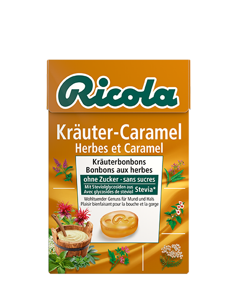 Image of Ricola Kräuterbonbons Kräuter Caramel ohne Zucker mit Stevia Box 50 g