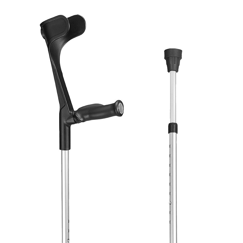 Image of Sahag Krücken Anatomischer Softgriff 76-96cm alu schwarz -140kg Druckknopf 2 Reflektoren 1 Paar