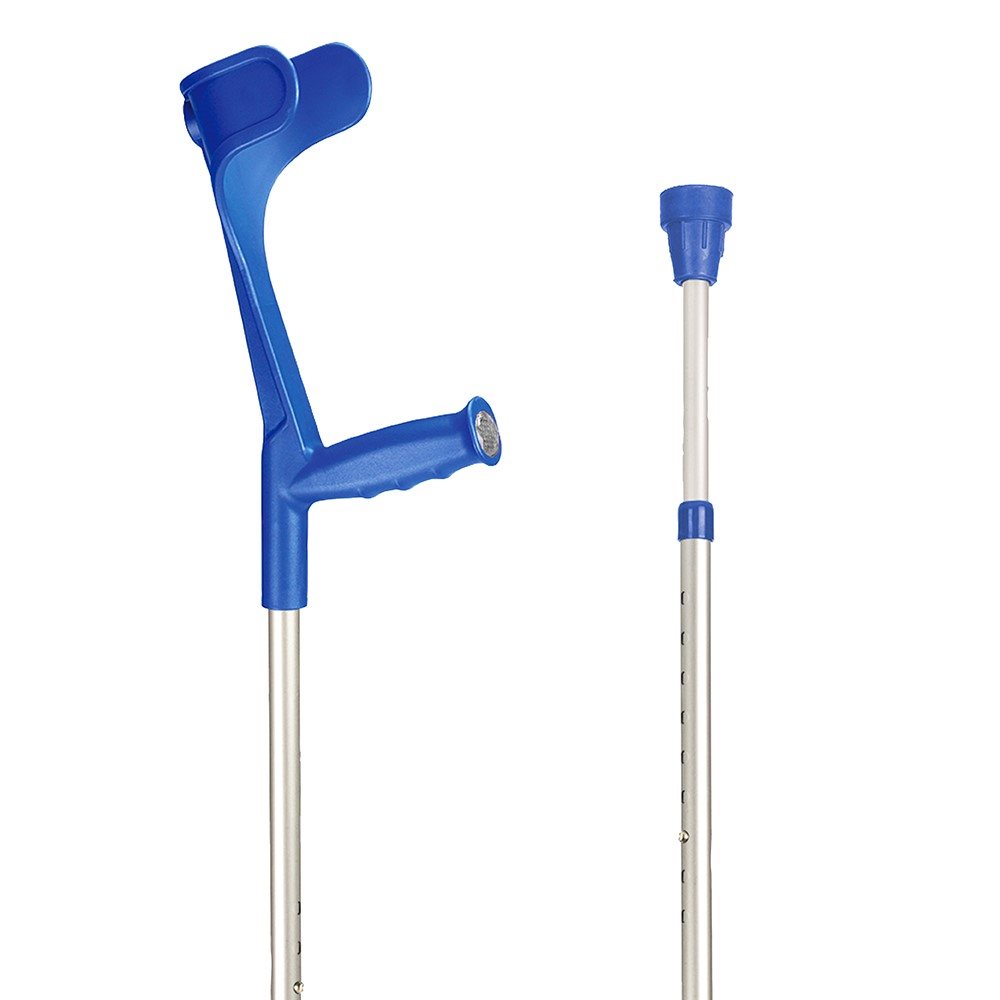 Image of Sahag Krücken Ergo Softgriff 76-96cm alu blau -140kg Druckknopf 2 Reflektoren 1 Paar