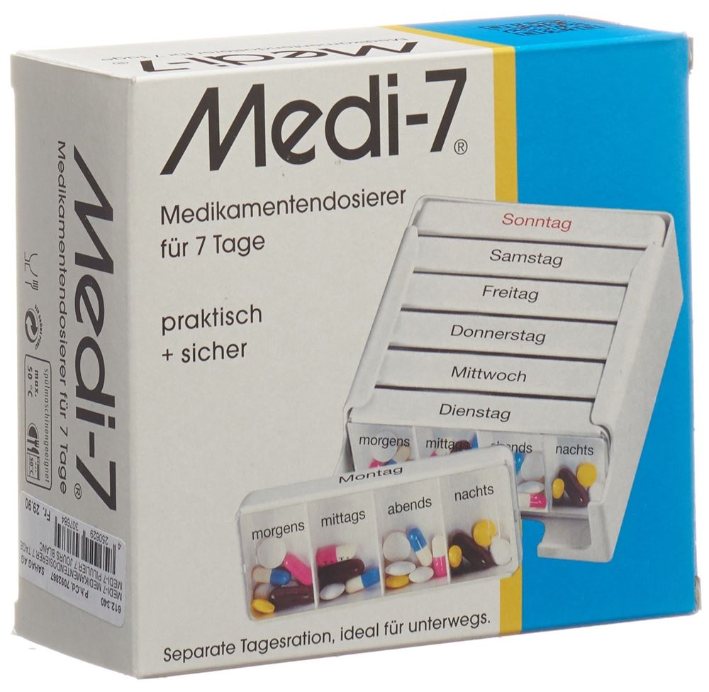Image of Sahag Medi-7 Medikamentendosierer 7 Tage 4 Fächer pro Tag weiss deutsch