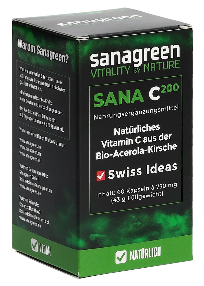 Image of Sana C200 sanagreen Vitamin C Kaps aus Acerola Bio Glas 60 Stk