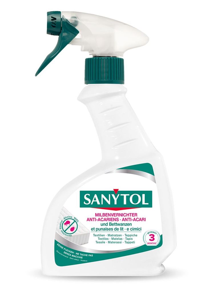 Sanytol Milbenvernichter Spray 300 ml | Insektizid | Hausstaubmilbe | Bettwanzenvernichter | für Textilien & Matratzen & Teppiche