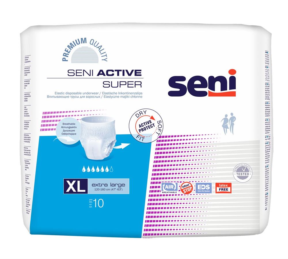 Seni Active Super Pants XL respirantes tour de taille 120-160cm 6 gouttes 10 pce