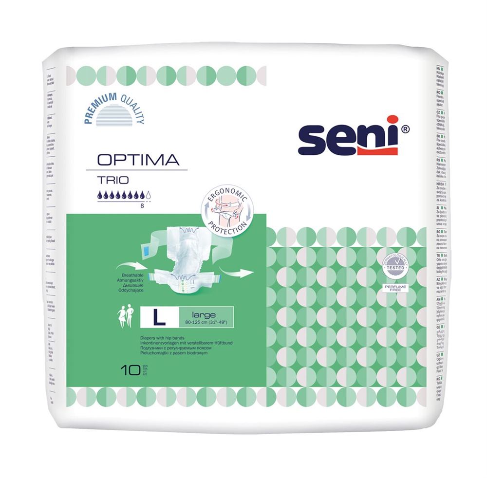 Seni Optima Trio pannoloni a cintura L traspiranti girovita 80-125cm 8 gocce 10 pezzi