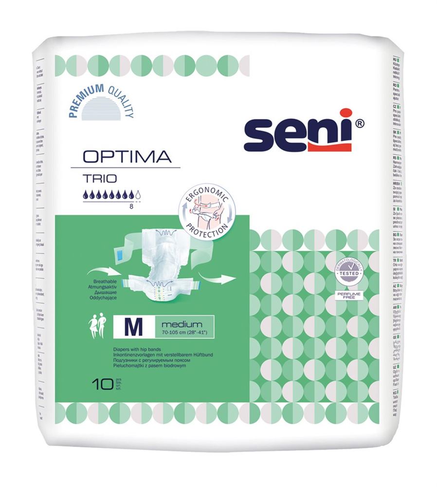 Seni Optima Trio pannoloni a cintura M traspiranti girovita 70-105cm 8 gocce 10 pezzi