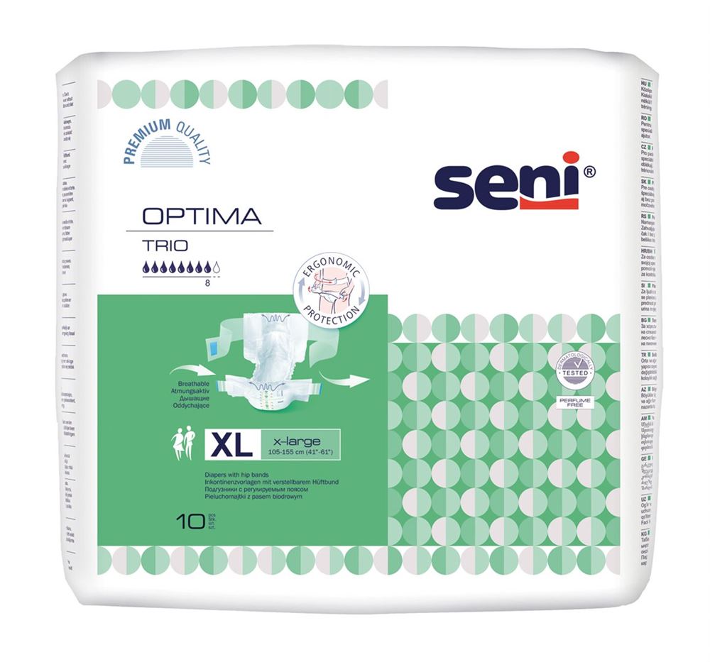 Seni Optima Trio pannoloni a cintura XL traspiranti girovita 105-155cm 8 gocce 10 pezzi