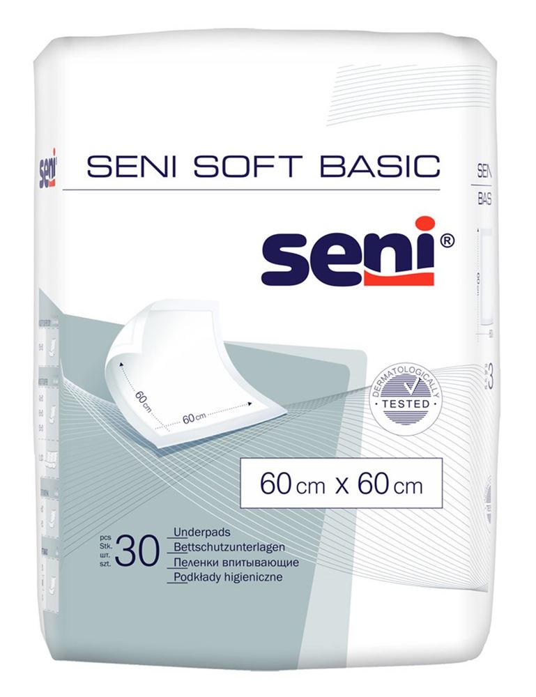 Seni Soft Basic traverse 60x60cm con cuscino assorbente in polpa di cellulosa 30 pezzi