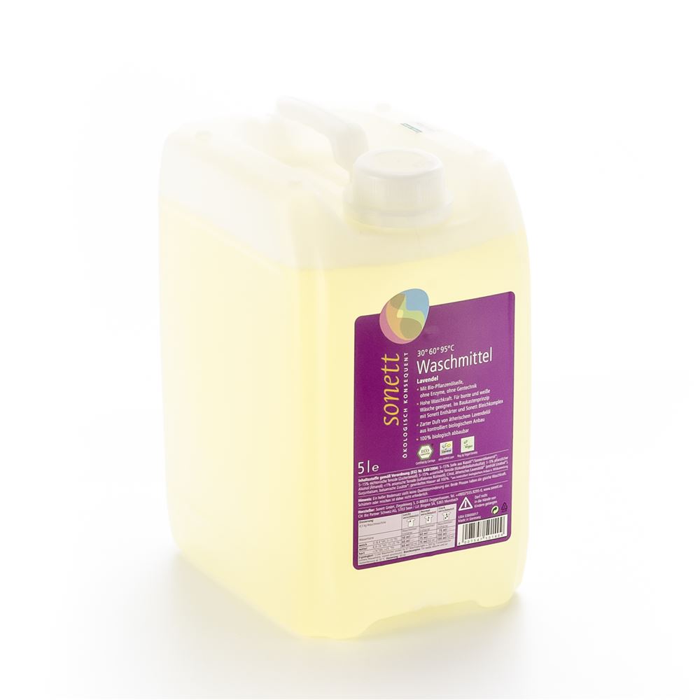 Sonett Waschmittel flüssig 30°-95°C Lavendel Kanister 5 Liter | Bio Pflanzenölseife | Bunte Wäsche & Weisse Wäsche | Biologisch Abbaubar