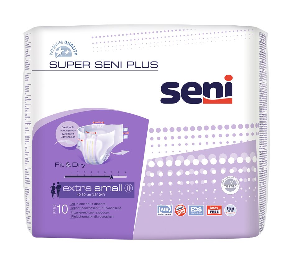 Super Seni Plus Windelhosen XS atmungsaktiv Hüftumfang 40-60cm 7 Tropfen 10 Stk