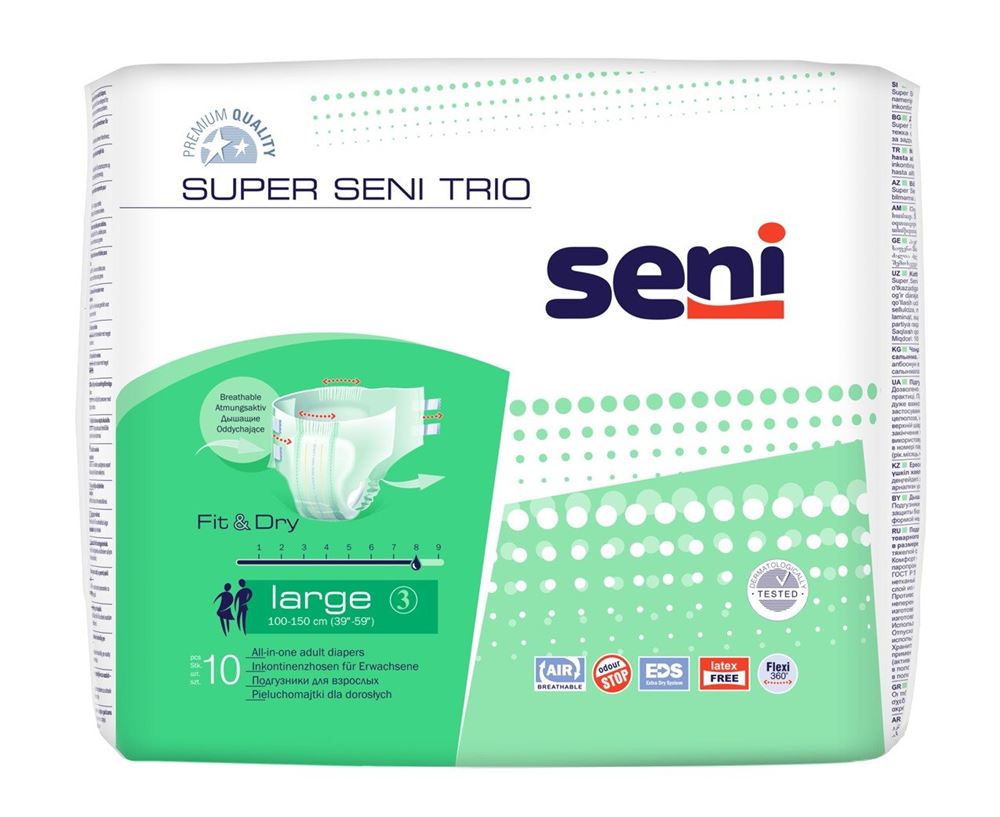 Super Seni Trio Windelhosen L atmungsaktiv Hüftumfang 100-150cm 8 Tropfen 10 Stk