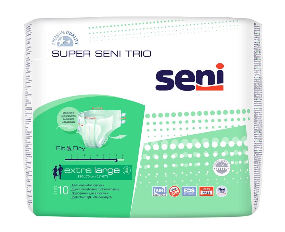 Super Seni Trio Windelhosen XL atmungsaktiv Hüftumfang 130-170cm 8 Tropfen 10 Stk
