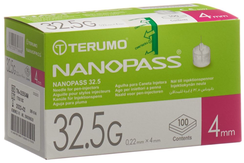 Terumo Pen Nadel Nanopass 32.5G 0.22x4mm Kanüle für Injektions-Pen 100 Stk