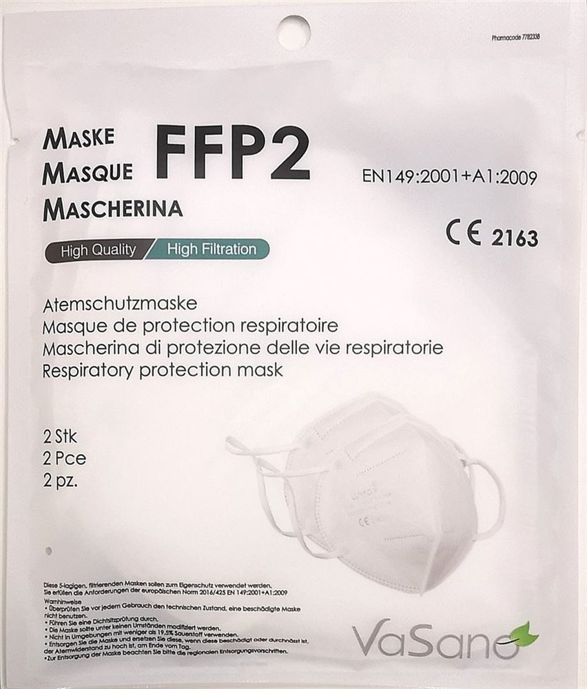 VaSano Maschera Ffp2 bianca sigillata tedesco/francese/italiano 2 pezzi