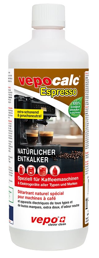 Vepocalc Espresso Natürlicher Entkalker für alle Kaffeemaschinen Elektrogeräte 100% biologisch abbaubar Fl 1000 ml
